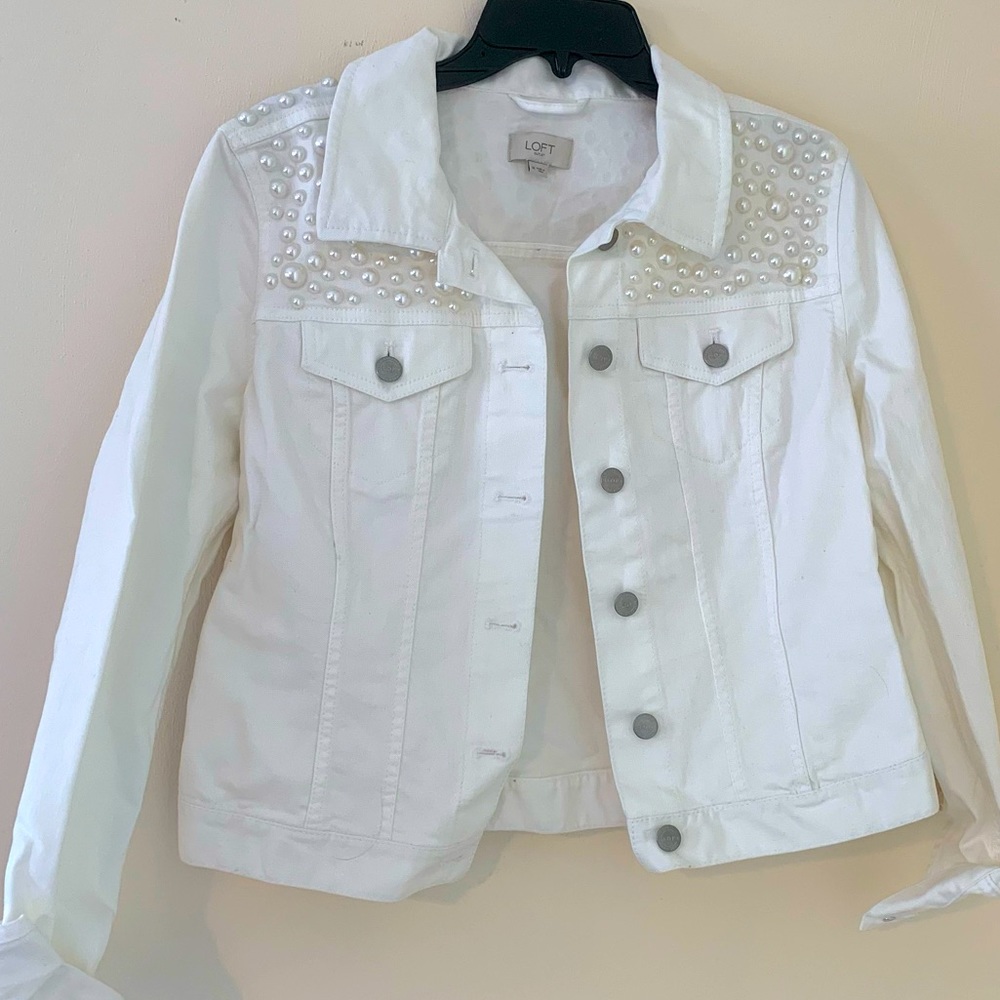 Customized Bridal or Bachelorette White Denim and Pearl Jacket- Loft size M